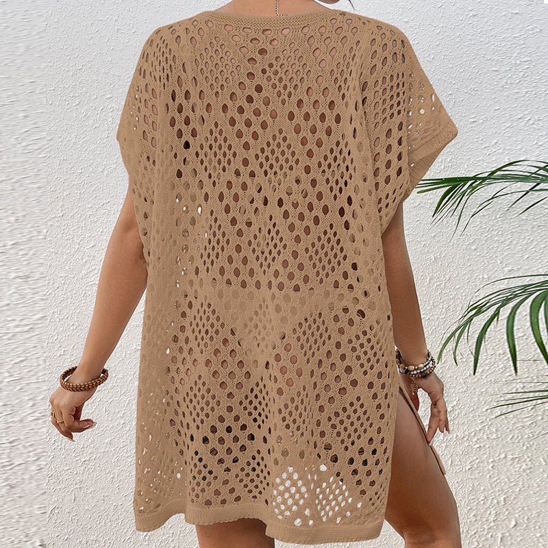 Women Wear Hollow Out Cutout Woven Loose Mid Length Beach Cover up Vacation Beach Sun Protection Shirt Crochet hook Bella Mia